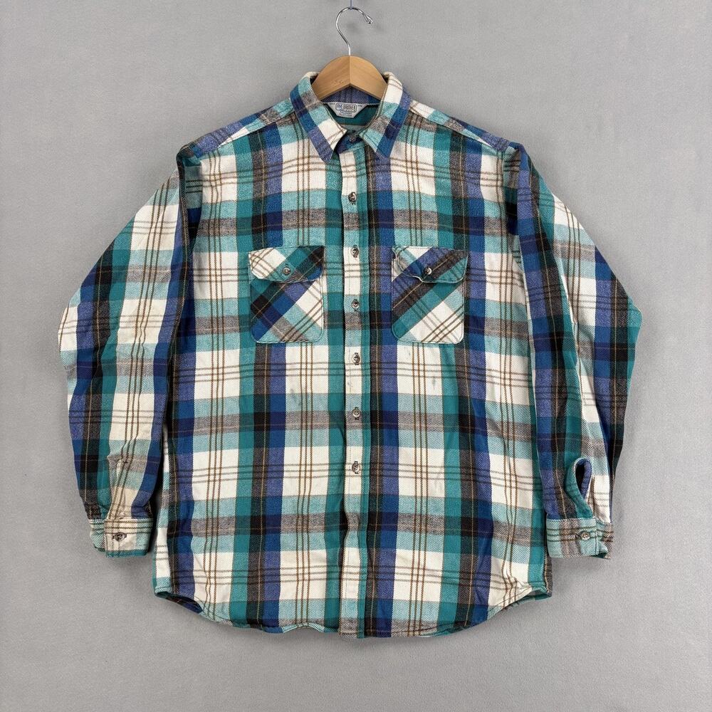 Vintage Five Brothers Shirt Mens XLT Blue Green Plaid Heavy Flannel Button USA